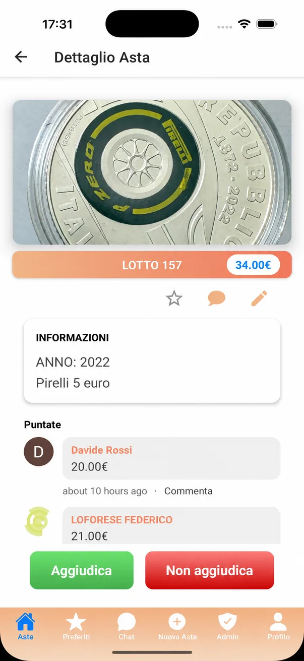App MM Numismatica, dettaglio del lotto 157: foto della moneta e puntate in diretta, ognuna con il link Commenta