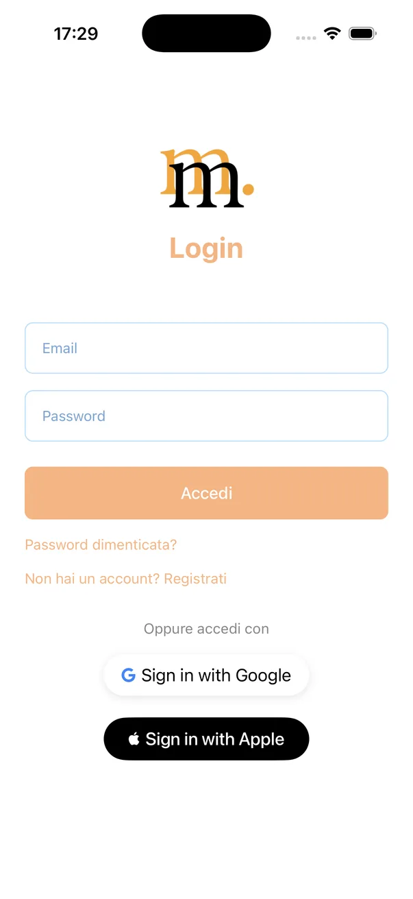 App MM Numismatica, schermata di accesso: email e password oppure accesso con Google o con Apple