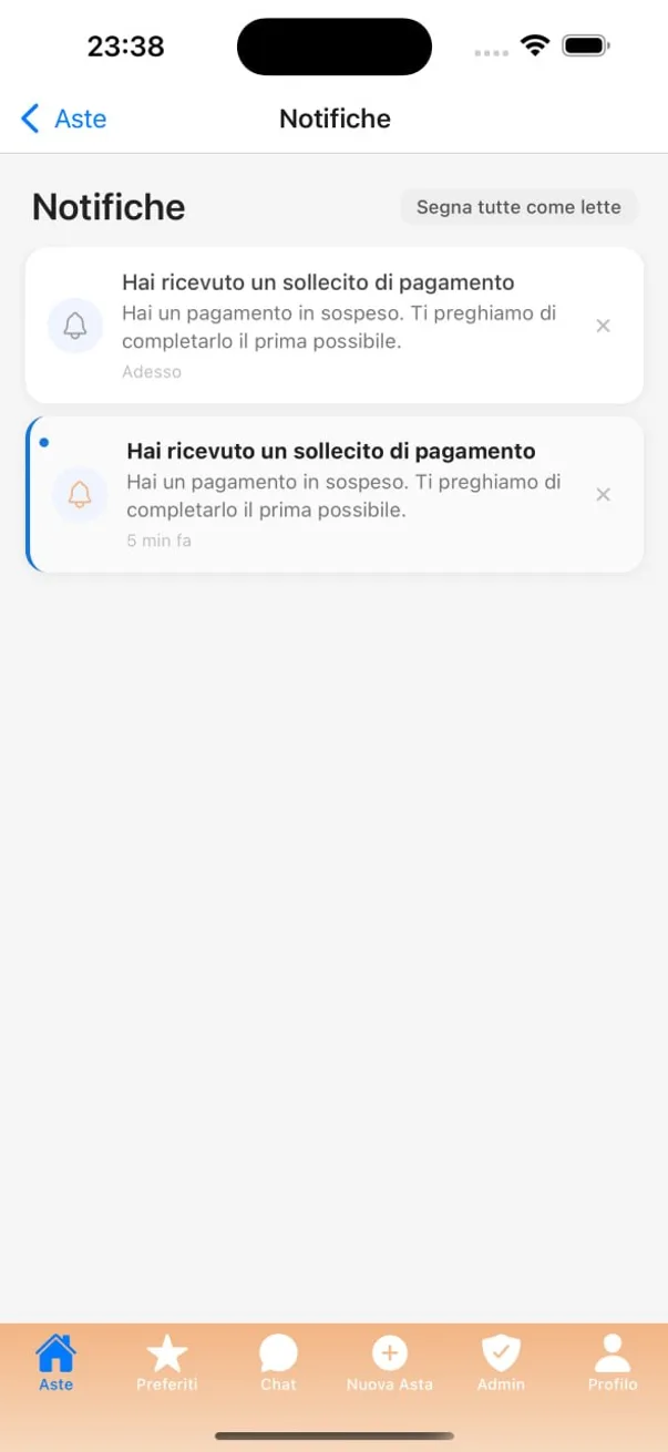 App MM Numismatica, centro notifiche con due solleciti di pagamento e il comando «Segna tutte come lette»