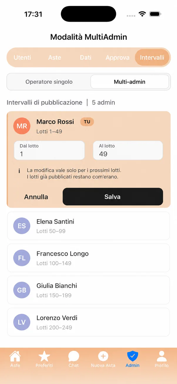 App MM Numismatica, Range Lotti in modalità multi-admin: cinque banditori, ognuno con il proprio intervallo di lotti
